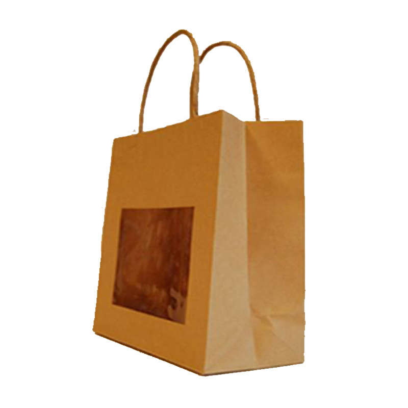 Customized brown Kraft paper bag with clear plastic window food packaging paper bag